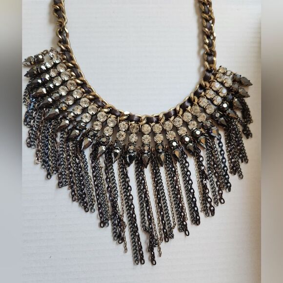 LOFT Jewelry - Dramatic Multicolor Black Silver Gold Bib Necklace with Fringe Rhinestones